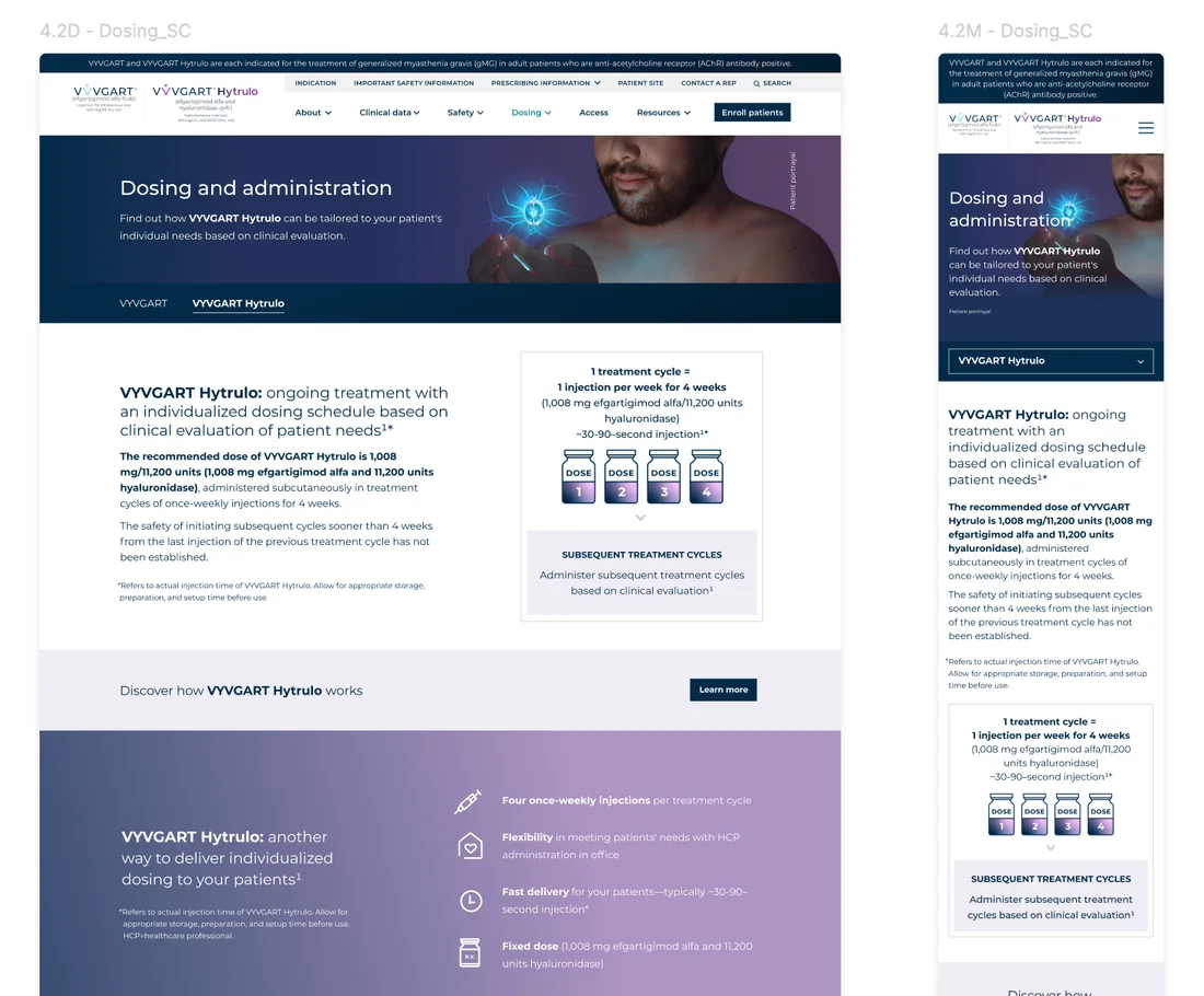 A dosing and administration page from a pharma website for healthcare professionals, shown in desktop and mobile layouts.