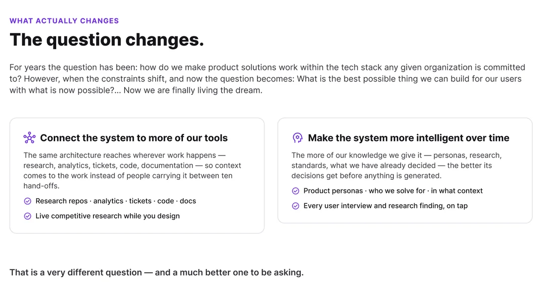 A slide titled “The question changes” with two ideas: connect the system to more of our tools, and make the system more intelligent over time.