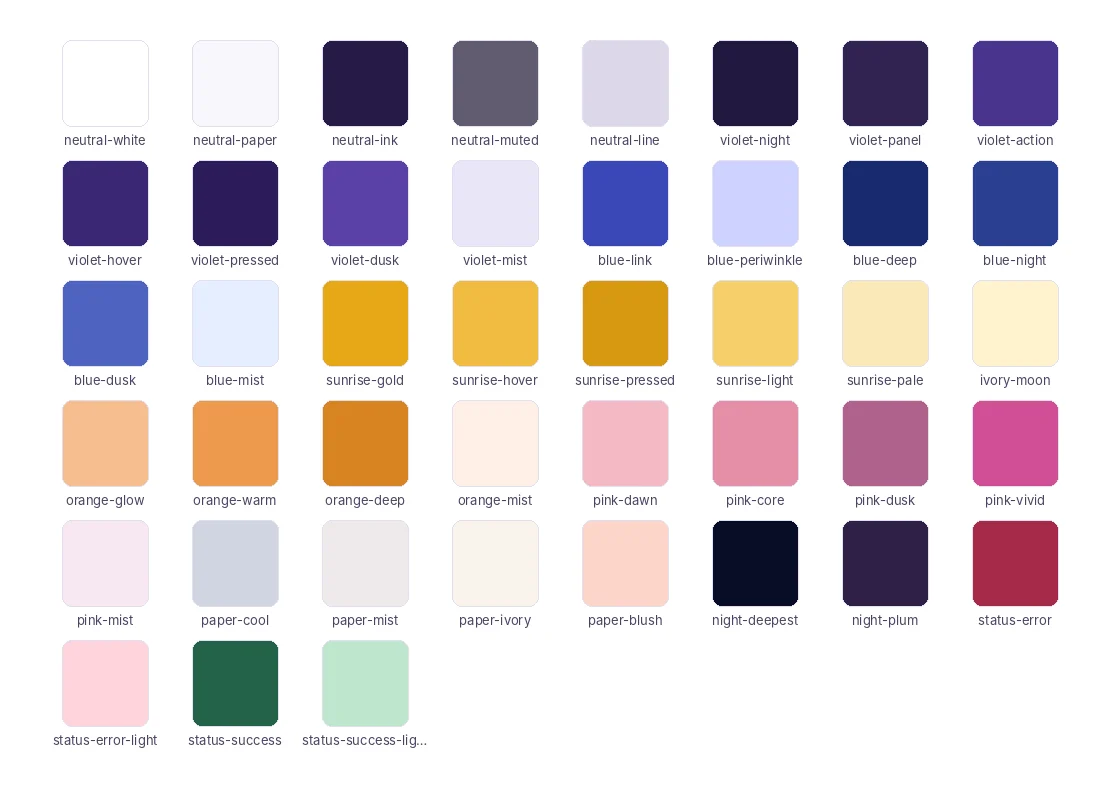 The full palette: 43 named color primitives, from neutral white and ink through violets, blues, sunrise golds, oranges and pinks to the status colors.