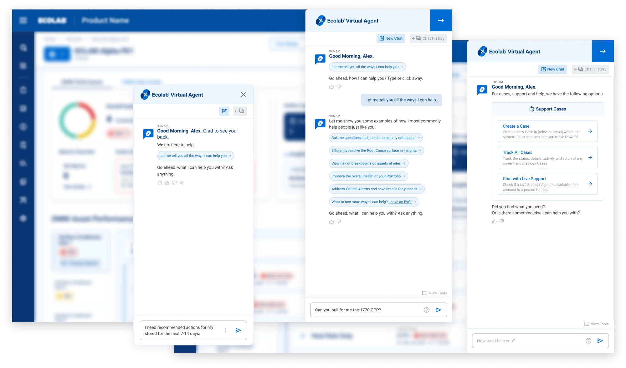 Three views of the Ecolab Virtual Agent over a blurred product screen: a small chat window, the copilot panel opened beside the page with suggested questions, and a panel offering Support Cases.