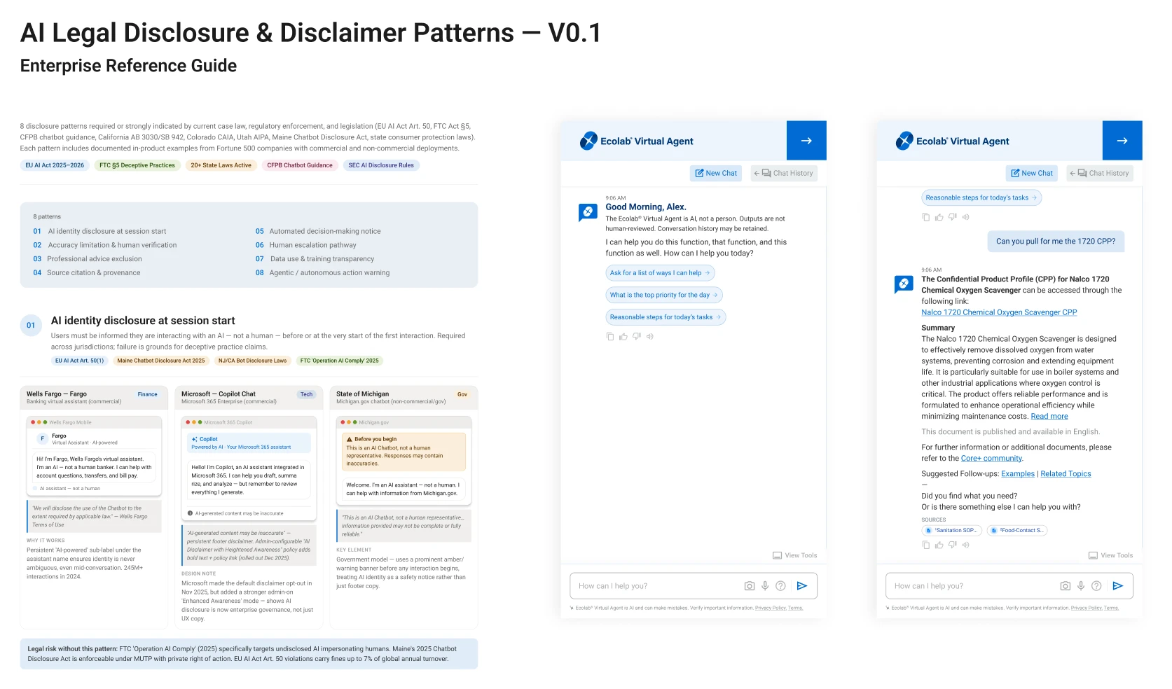 A page from the enterprise reference guide on AI legal disclosure and disclaimer patterns, with real examples and two Ecolab Virtual Agent screens beside it.