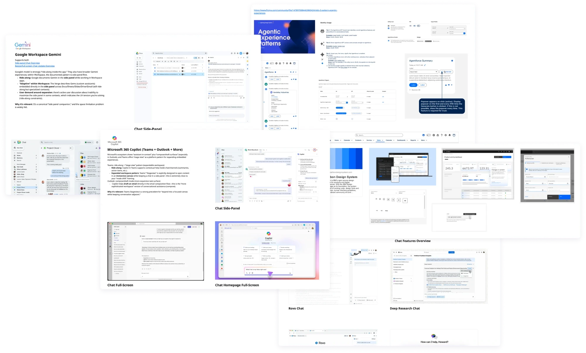 A research board comparing how other products place their AI assistants: side panels, full-screen chat and homepage chat in Google Workspace Gemini, Microsoft 365 Copilot and Rovo, plus design system references for agentic experiences.